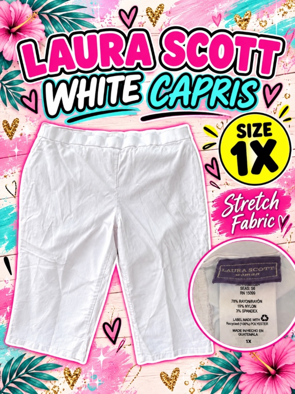 Laura Scott White Stretch Capri Pants | Women’s Plus Size 1X